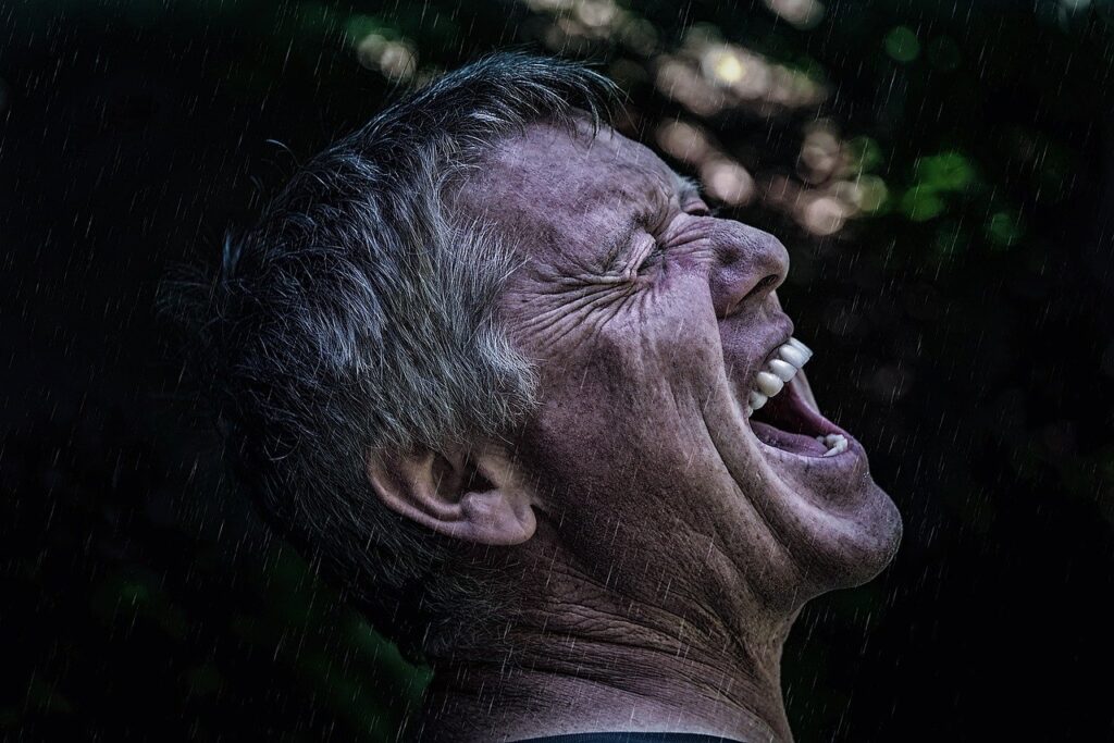 Photo of a man shouting, head tilted toward the sky, his eyes closed, rain, darkness, despair, crying out to God for help.
Image by Pezibear from Pixabay 