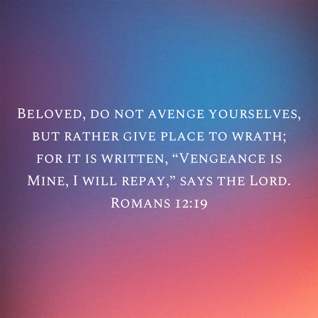 Bible verse Romans 12:19 on a blue to orange gradient background