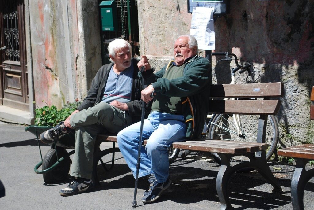 2 older men sitting on a bench outside of a store, having a lively discussion or argument.
Image by Mary Bettini Blank from Pixabay 
