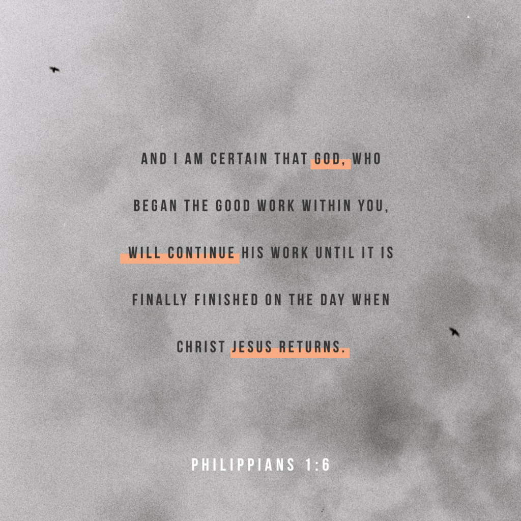 grey sky background with Bible Verse from Philippians 1:6.