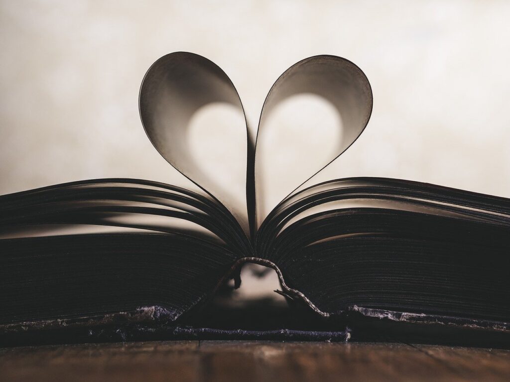 Image of an open book with the middle pages folded inward to form a heart. Show love.
book, pages, heart, paper, symbol
Image by Dariusz Sankowski from Pixabay