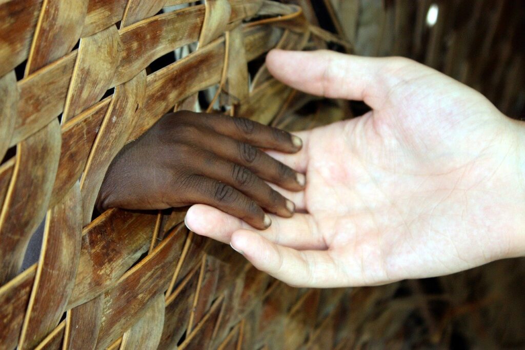 A small dark-skinned hand reaching through a wooden fence, holding the white-skinned hand of someone older. 
Image by David Greenwood-Haigh from Pixabay 
