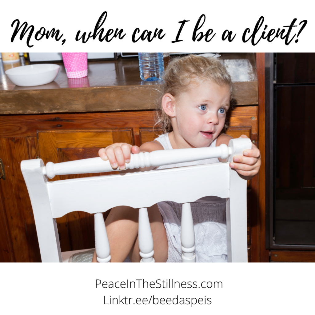 Cute little girl, wide-eyed, sitting backwards in a white chair. It looks like she's asking for something. Maybe she's asking, "Mom, when can I be a client?"
by Beeda Speis