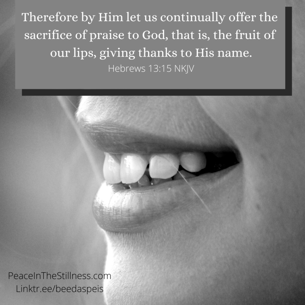 A close-up of a smiling mouth. Grayscale image. At the top are the words to Hebrews 13:15 NKJV
The Fruit of Our Lips by Beeda Speis