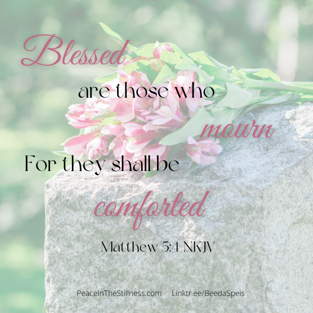 pink flowers laying on top of a headstone. The words on the image say, "Blessed are those who mourn, for they shall be comforted." Matthew 5:4 NKJV
by Beeda Speis for Peace In The Stillness blog