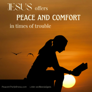 Silhouette of young woman with a ponytail, sitting outside, reading a Bible against a sunset background. The words on the photo tells us, "Jesus offers peace and comfort in times of trouble."
by Beeda Speis for Peace In The Stillness blog Linktr.ee/BeedaSpeis