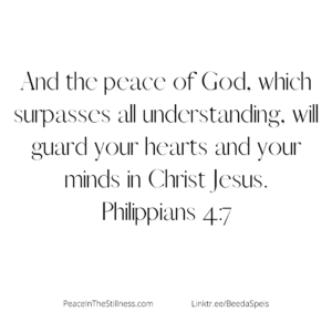 black text on a white background with the words of Philippians 4:7 "And the peace of God, which surpasses all understanding, will guard your hearts and your minds in Christ Jesus."
We don't have to live in fear when we have the peace of God living in us.
by Beeda Speis for Peace In The Stillness blog

