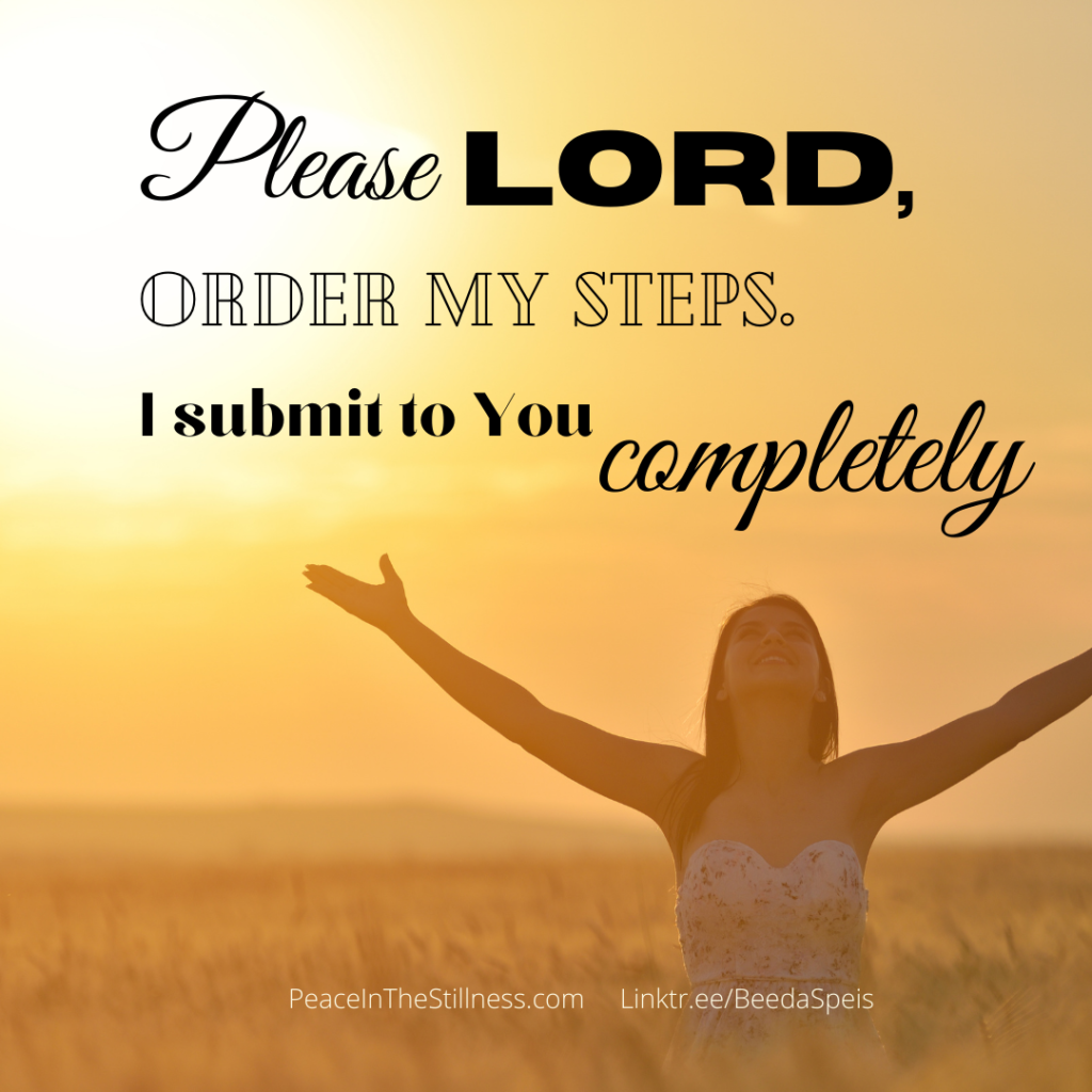 A gold-toned photo with a woman standing in a field, smiling. Her arms are raised up in praise of the Lord. The words at the top read, "Please Lord, order my steps. I submit to You completely."
by Beeda Speis for Peace in the Stillness blog.

