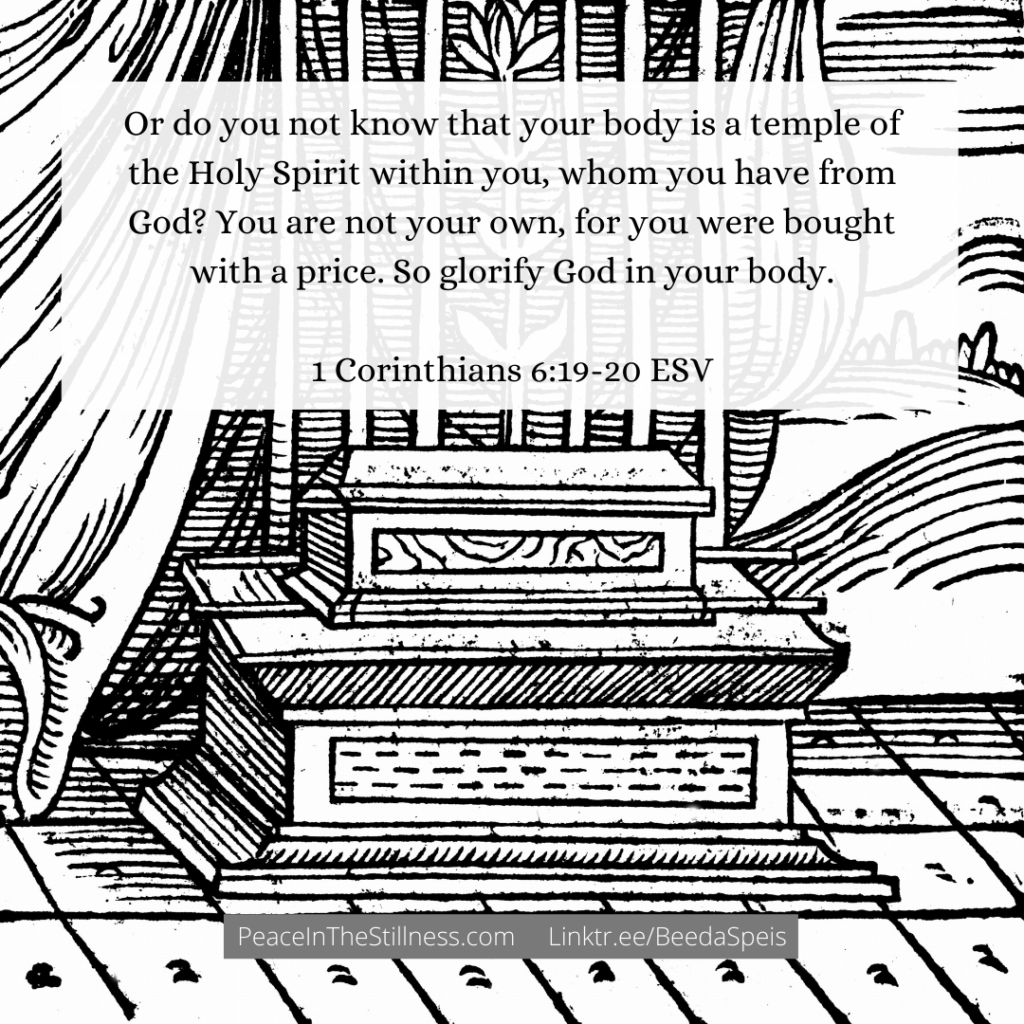 A pen and ink hand drawn picture of the tabernacle's Ark of the Covenant. The words are from 1 Corinthians 6:19-20 ESV, "Or do you not know that your body is a temple of the Holy Spirit within you, whom you have from God? You are not your own, for you were bought with a price. So glorify God in your body."
by Beeda Speis for Peace In The Stillness blog