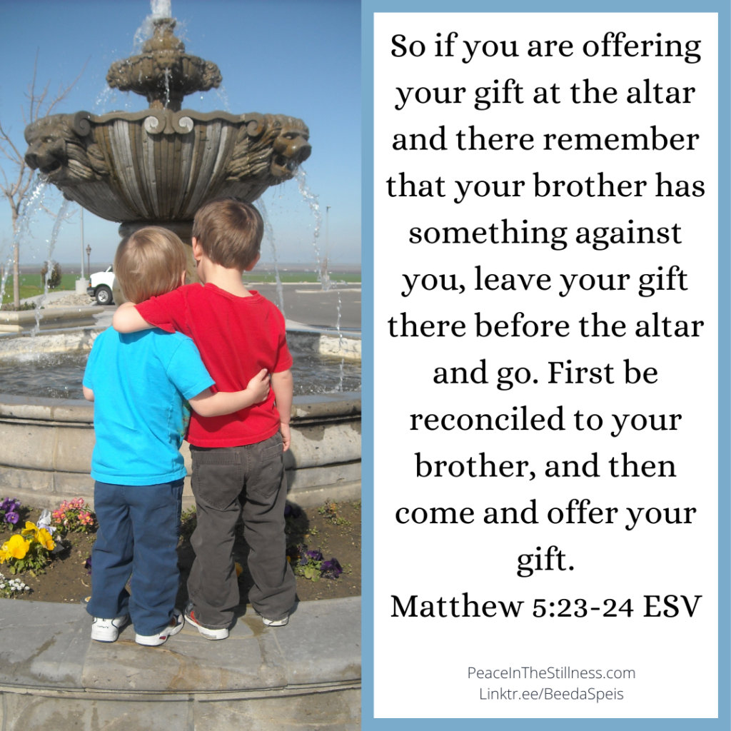 Two young boys with their arms around each other looking at a fountain. The words from Matthew 5:23-24 ESV, "So if you are offering your gift at the altar and there remember that your brother has something against you, leave your gift there before the altar and go. First be reconciled to your brother, and then come and offer your gift." by Beeda Speis for Peace in the Stillness