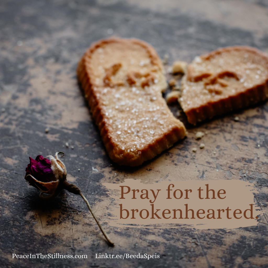 A photo of a broken heart-shaped sugar cookie with the word "love" on it, and a dried up rose. The words, "Pray for the brokenhearted".
by Beeda Speis for Peace In the Stillness