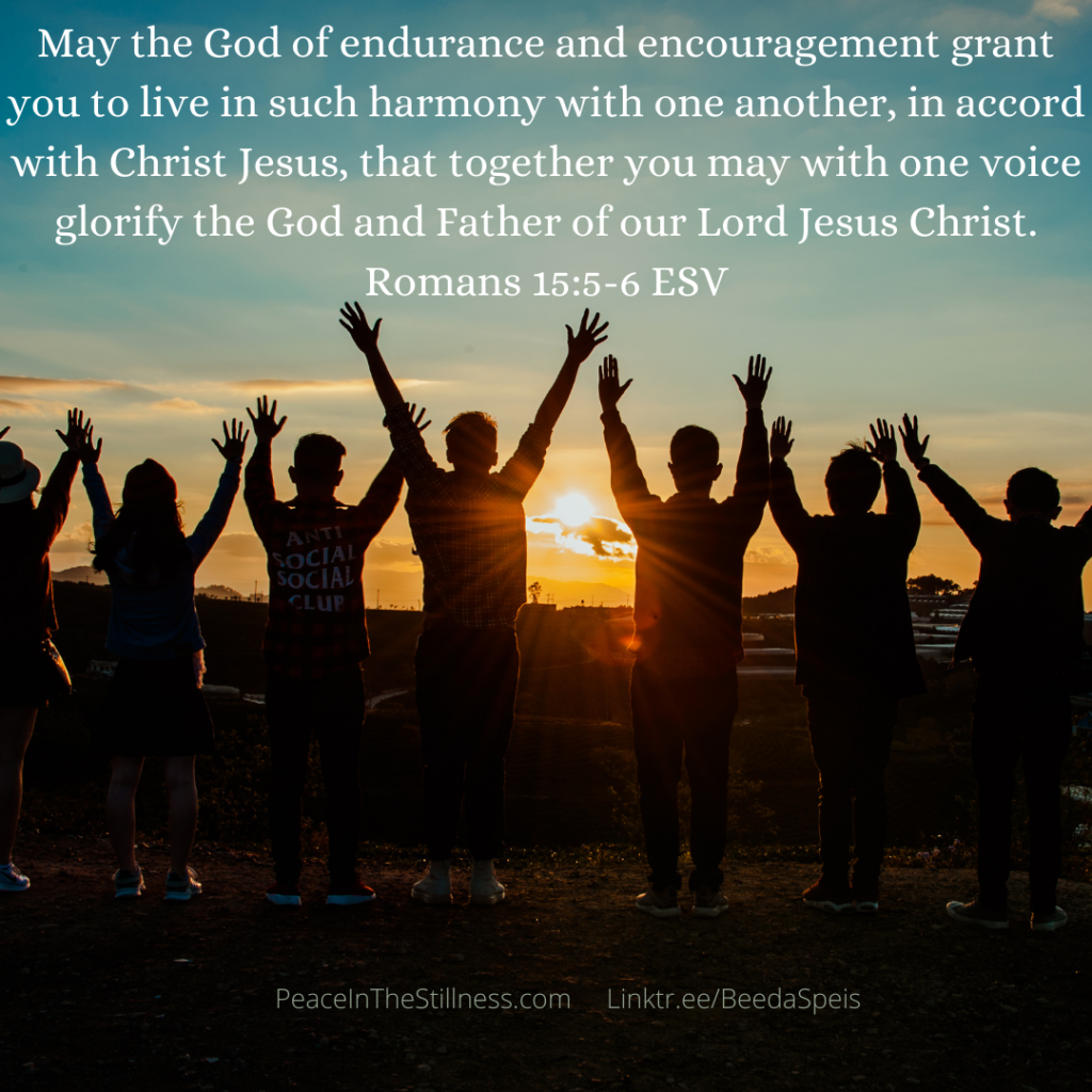 A group of friends standing with their backs toward the camera, arms raised to the rising sun. The words from Roman 15:5-6 ESV are across the top, "May the God of endurance and encouragement grant you to live in such harmony with one another, in accord with Christ Jesus, that together you may with one voice glorify the God and Father of our Lord Jesus Christ."
by Beeda Speis for Peace in the Stillness blog