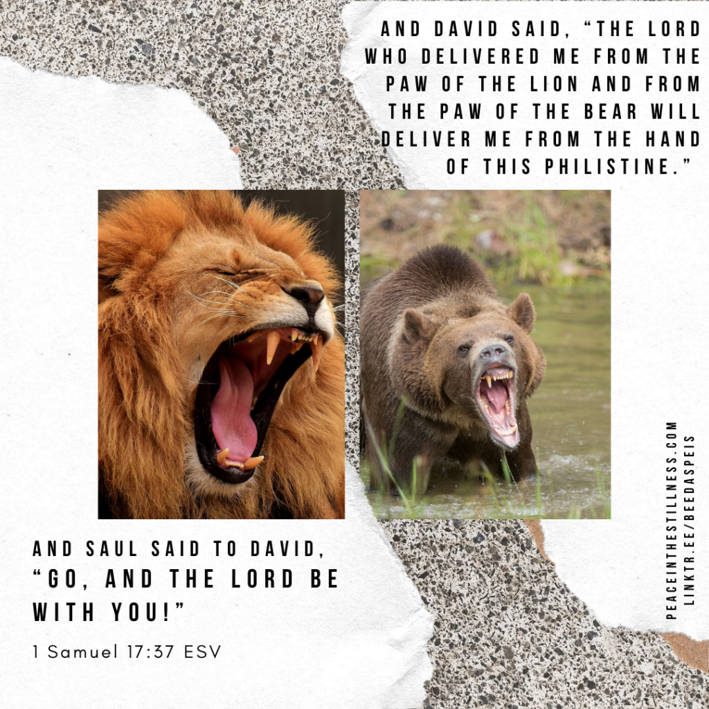 Pictures of a roaring lion and a roaring bear with the words from 1 Samuel 17:37 ESV "And David said, “The Lord who delivered me from the paw of the lion and from the paw of the bear will deliver me from the hand of this Philistine.” And Saul said to David, “Go, and the Lord be with you!”
by Beeda Speis for Peace In The Stillness blog