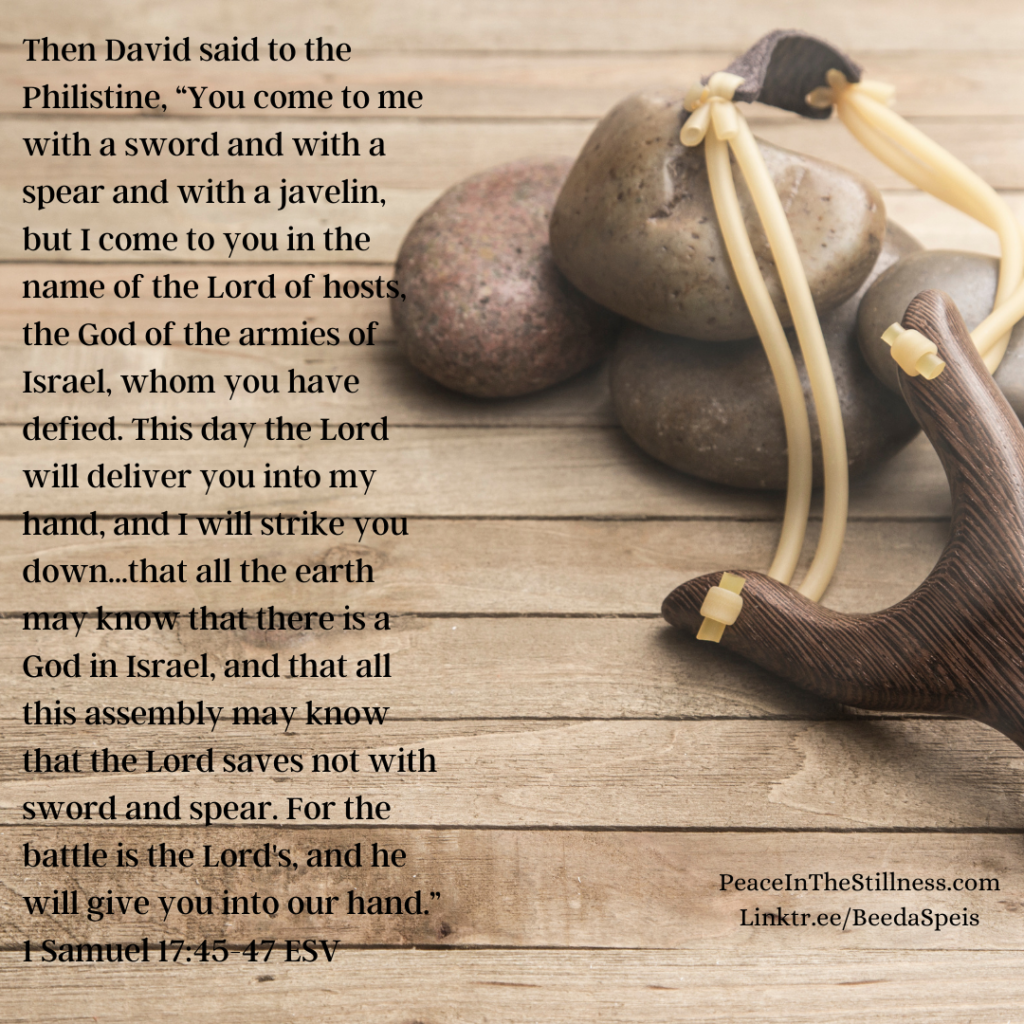 A photo of a slingshot and smooth stones on a wooden table. The words of 1 Samuel 17:45-47 ESV, "Then David said to the Philistine, “You come to me with a sword and with a spear and with a javelin, but I come to you in the name of the Lord of hosts, the God of the armies of Israel, whom you have defied. This day the Lord will deliver you into my hand, and I will strike you down...that all the earth may know that there is a God in Israel, and that all this assembly may know that the Lord saves not with sword and spear. For the battle is the Lord's, and he will give you into our hand.”"
by Beeda Speis for Peace in the Stillness blog
