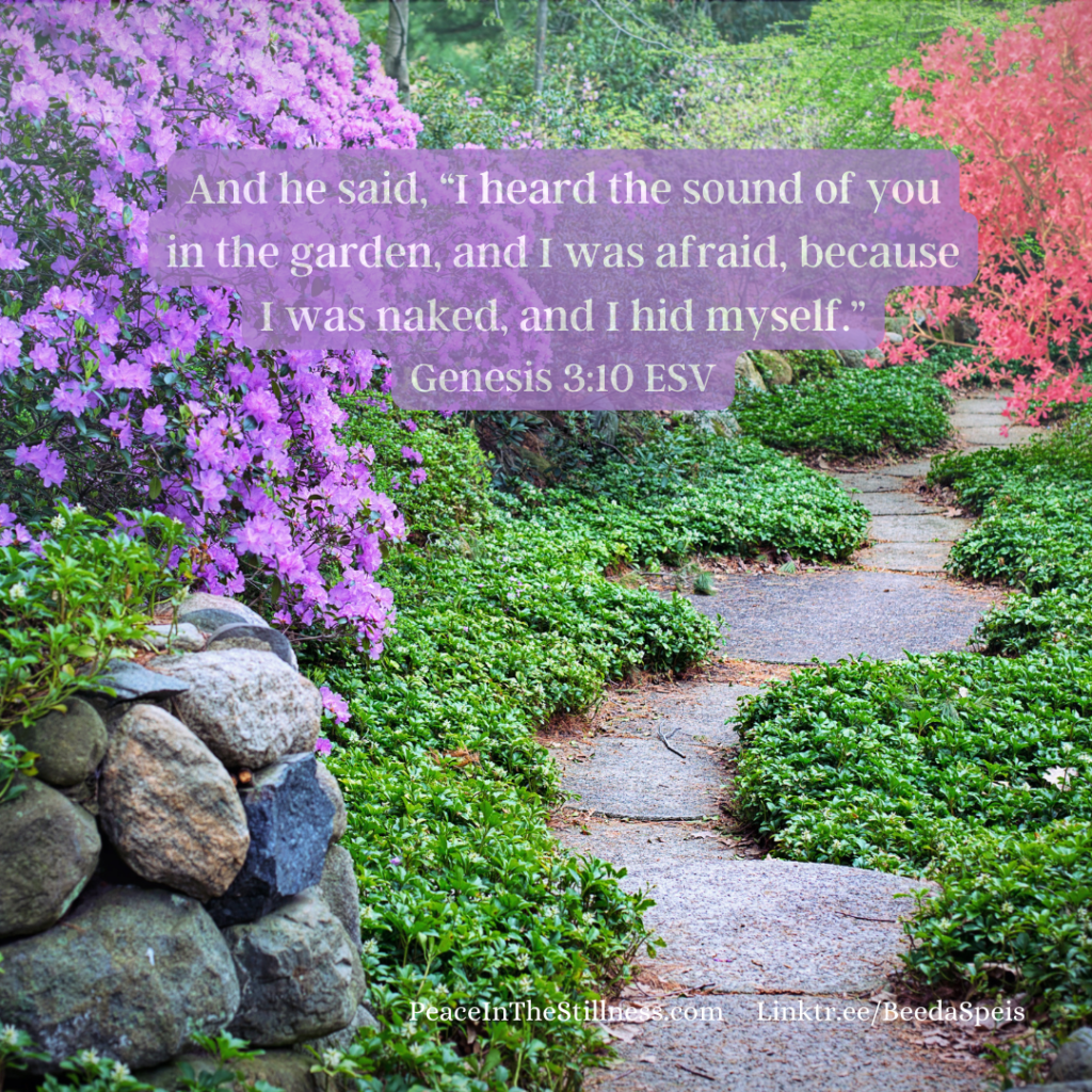 A garden of purple and pink flowering bushes with a path of pavers winding through it and the words to Genesis 3:10 ESV, "And he said, “I heard the sound of you in the garden, and I was afraid, because I was naked, and I hid myself.”"