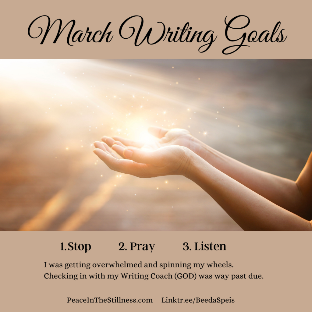 Hands raised upward. A bright light from the sky. The words, "March writing goals. Stop. Pray. Listen. I was getting overwhelmed and spinning my wheels. Checking in with my Writing Coach (God) was way past due.
By Beeda Speis for Peace in the Stillness