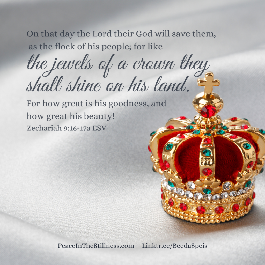 A small jeweled crown symbolizing how God saves His people and allows them to thrive even in the most difficult of circumstances. The words to Zechariah 9:16-17a ESV, "On that day the Lord their God will save them, as the flock of his people;
for like the jewels of a crown they shall shine on his land. For how great is his goodness, and how great his beauty!"
by Beeda Speis for Peace in the Stillness blog