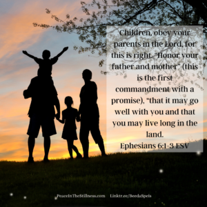 A picture of a family of four in silhouette against a multi-colored sky, like at sunset. There's a tree beside them. The words to Ephesians 6:1-3 ESV, "Children, obey your parents in the Lord, for this is right. “Honor your father and mother” (this is the first commandment with a promise), “that it may go well with you and that you may live long in the land." To remind children that they are not to rebel against their parents.
by Beeda Speis for Peace in the Stillness