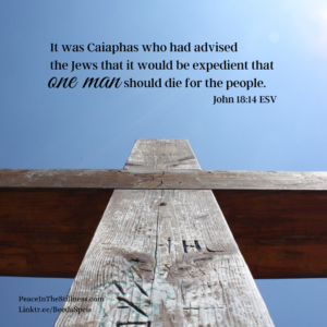 Looking up at a cross from the ground with the words from John 18:14 ESV, "It was Caiaphas who had advised the Jews that it would be expedient that one man should die for the people."
by Beeda Speis for Peace In The Stillness