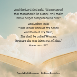 An open Bible set in a background of clouds. The Bible verses from Genesis 2:18 and 2:23 NKJV, "And the Lord God said, “It is not good that man should be alone; I will make him a helper comparable to him.”
And Adam said:
“This is now bone of my bones
And flesh of my flesh;
She shall be called Woman,
Because she was taken out of Man.”
by Beeda Speis for Peace in the Stillness