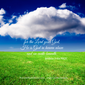 A blue sky with a white cloud lingering over a bright green, grassy field, with the words from Joshua 2:11a NKJV, "for the Lord your God, He is God in heaven above and on earth beneath."
by Beeda Speis for Peace in the Stillness