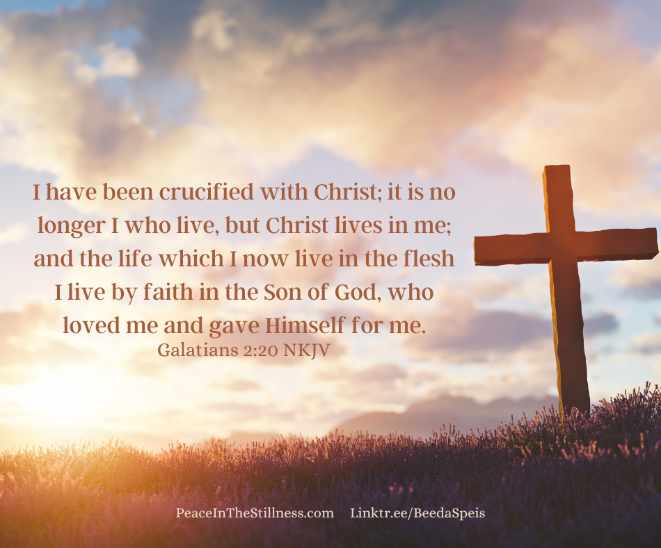 A phot of a field with a cross in it and the words to Galatians 2:20 NKJV, "I have been crucified with Christ; it is no longer I who live, but Christ lives in me; and the life which I now live in the flesh I live by faith in the Son of God, who loved me and gave Himself for me."
by Beeda Speis for Peace in the Stillness