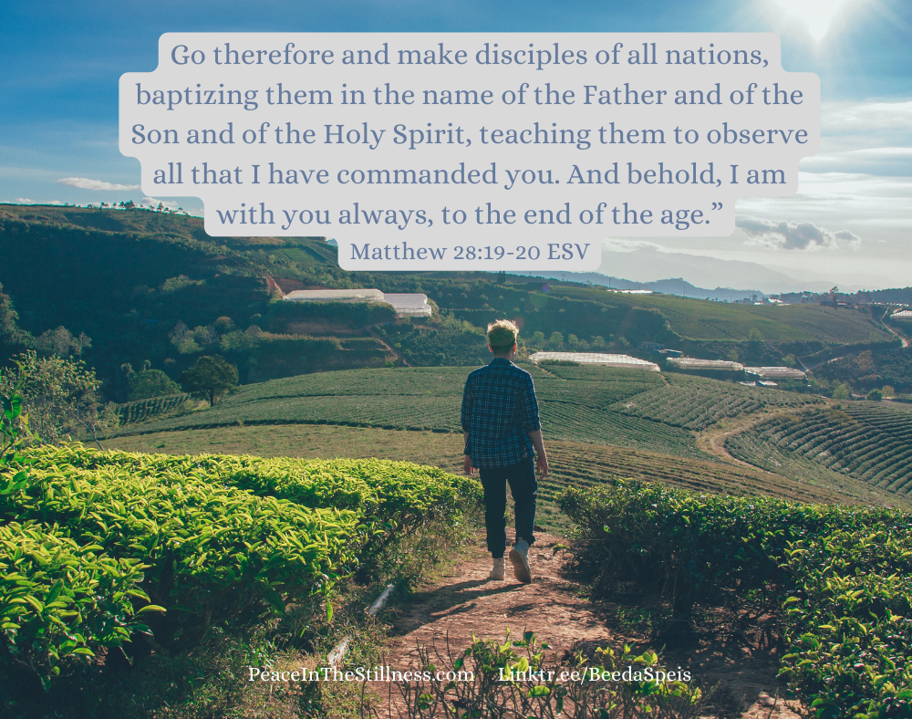 A man standing in a field looking over the farmed lands in the valley below. The words of Matthew 28:19-20, the Great Commission, which tells us to baptize in the name of the Father, the Son, and the Holy Spirit.